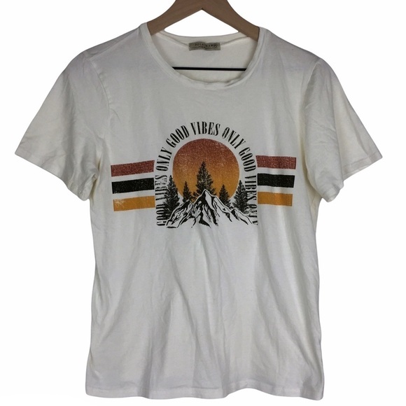 POLAGRAM Graphic T Shirt Short Sleeve Only Good Vibes Stripe Mountains Medium - Picture 1 of 12